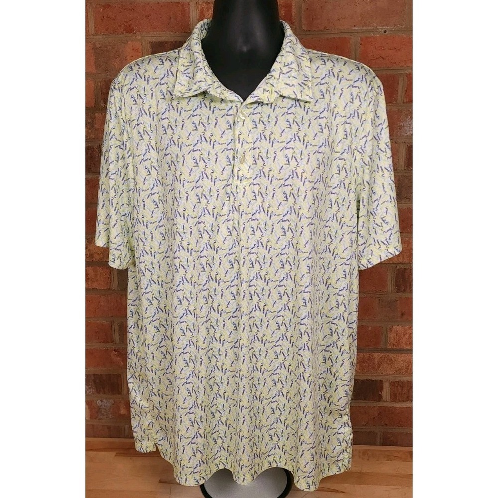 Huk Polo Shirt Mens 2XL Performance Fishing Lure Print Golf Yellow Blue
